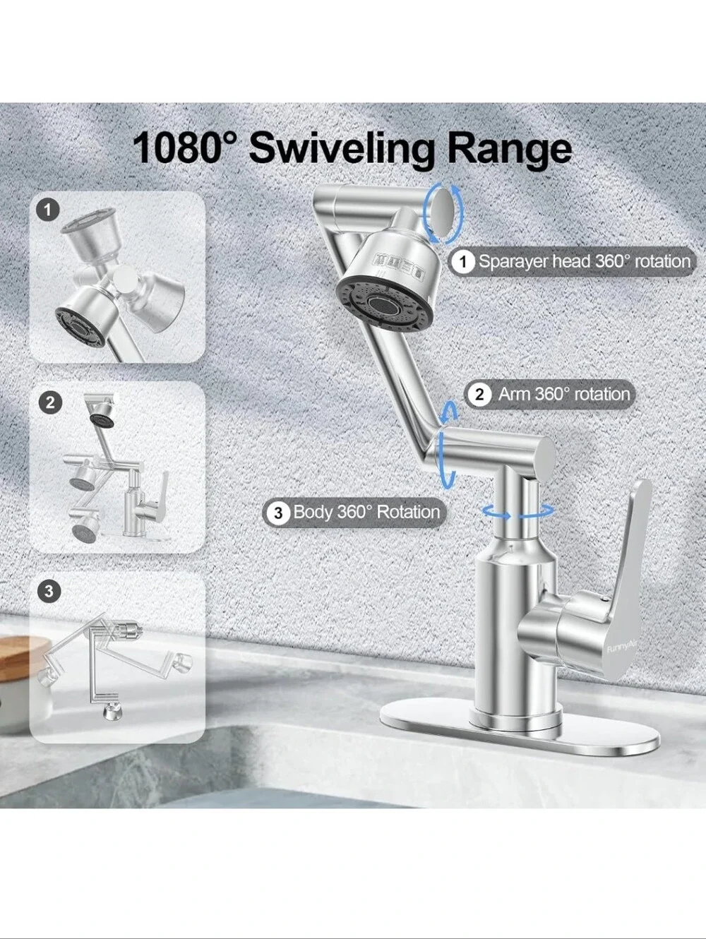 Bathroom Sink Faucet, FunnyAir Stainless Steel 1080° Rotatable Faucet for Sink